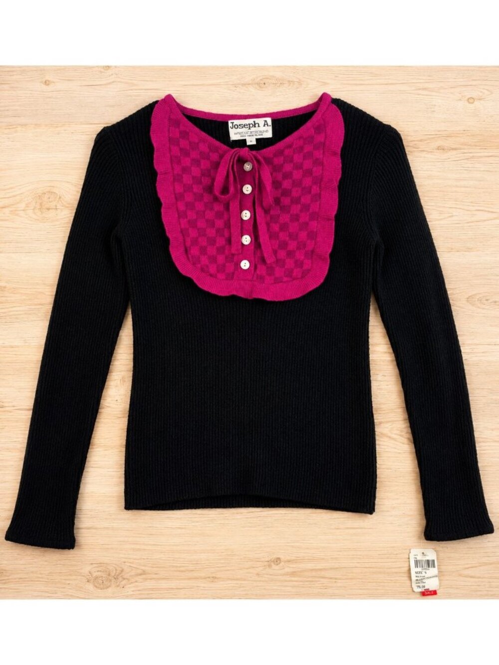 Vintage Joseph A. Checker Bib Knitted Top S Black Pink Victorian Retro Prairie